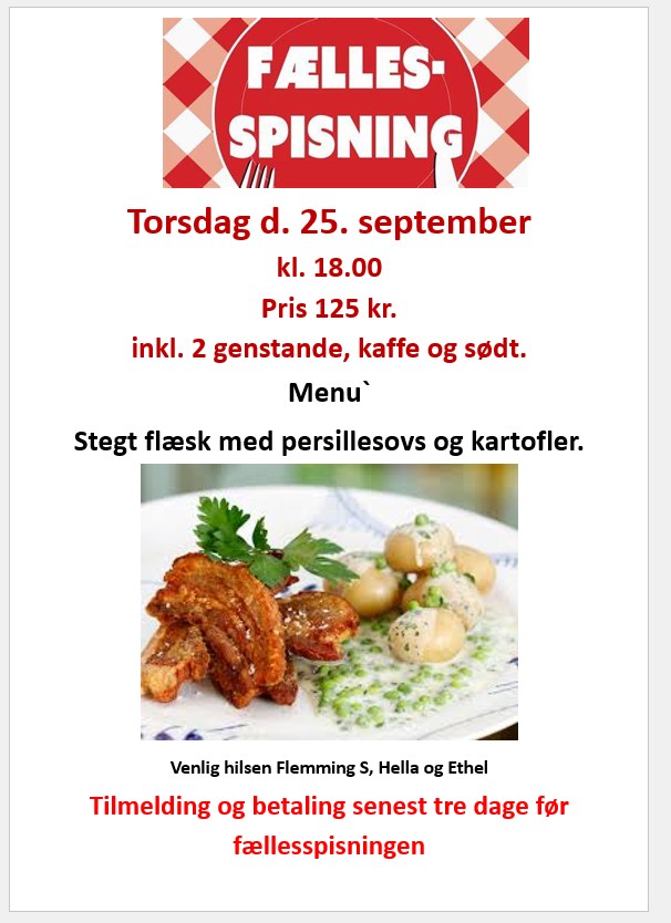 Fællesspisning Stegt flæsk m. persillesovs og kartofler